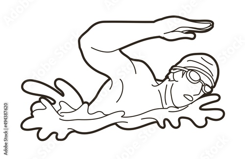 Swimming Sport Male Swimmer Action Cartoon Graphic Vector