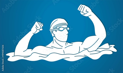 Swimming Sport Male Swimmer Action Cartoon Graphic Vector
