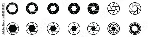 Camera Shutter. Set of camera lens aperture icons with different position of a diaphragm petals