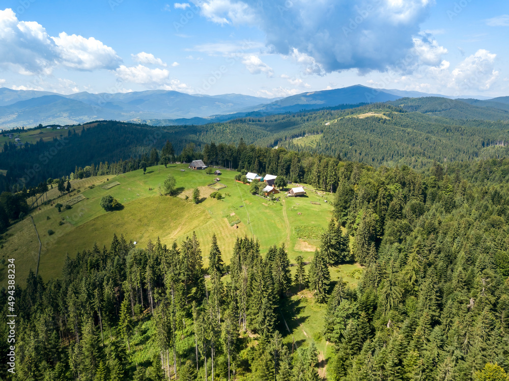 Obraz premium Green mountains of Ukrainian Carpathians in summer. Sunny day. Aerial drone view.