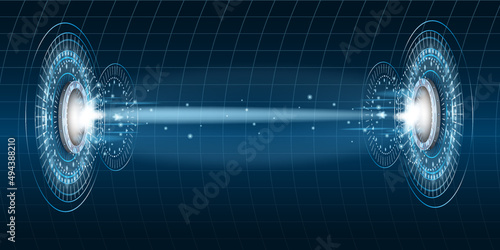 Teleport futuristic portal circle science, sky-fi digital, tunnel with light rays and glows, podium, projector. HUD menu user interface. Vector illustration, black blue background