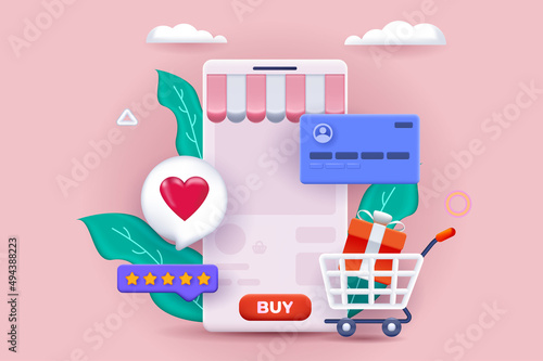 Mobile shopping concept 3D illustration. Icon composition with mobile application for making purchases, ordering goods online and paying with credit card. Vector illustration for modern web design