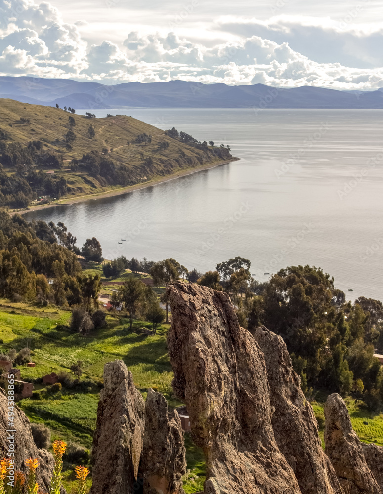 Geographical detail of the Isla del Sol (Island of the Sun) on the Lake Titicaca Copacabana, Bolivia.