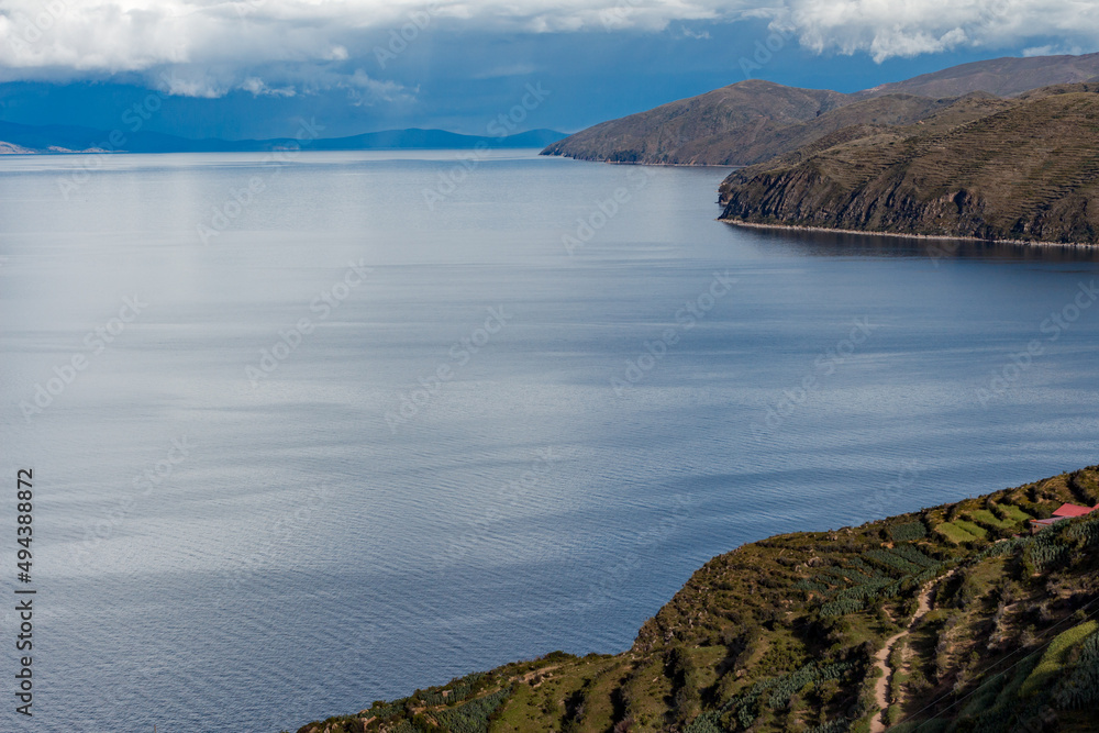 Hills on the Isla del Sol (Island of the Sun) and the lake Titicaca, Copacabana, Bolivia.