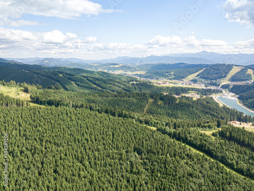 High mountains of the Ukrainian Carpathians in sunny weather. Aerial drone view.