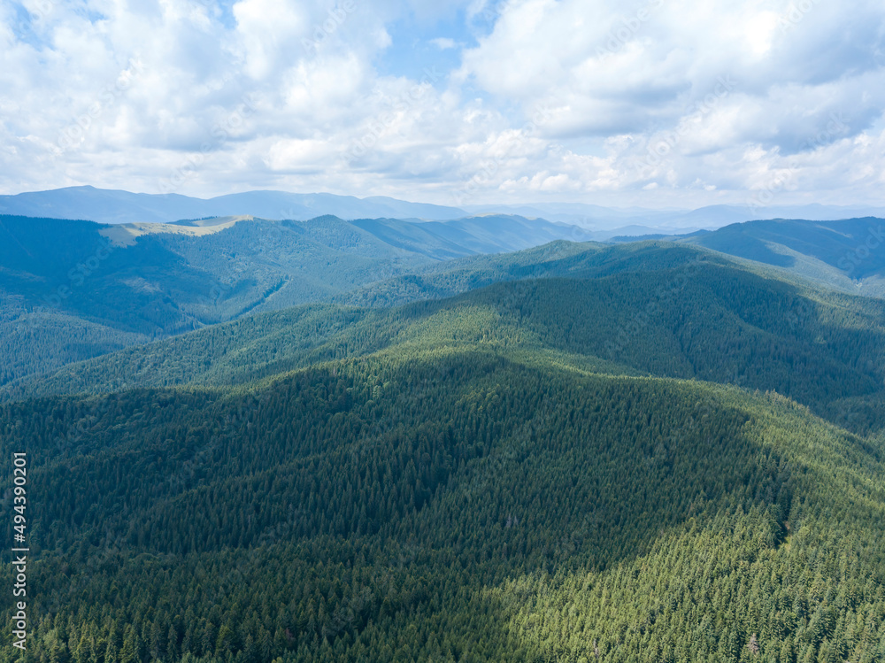 Green mountains of Ukrainian Carpathians in summer. Sunny day, rare clouds. Aerial drone view.