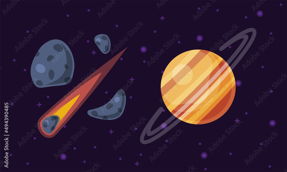Falling meteor and saturn planet vector illustration on white background