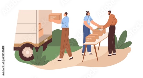 Volunteers accepting and loading donation boxes in truck of social nonprofit organization. Humanitarian aid, voluntary help and charity concept. Flat vector illustration isolated on white background
