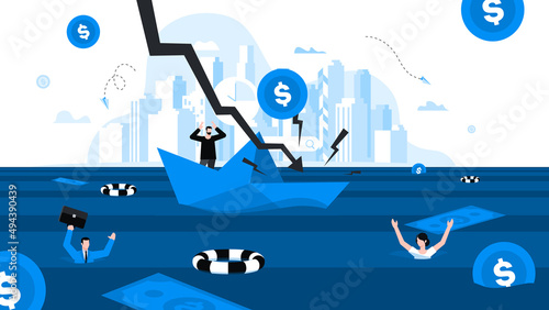Man in paper boat is drowning due to impact of financial crisis. Drowning people overboard. Animation ready duik friendly vector. Financial crisis, economic recession, bankruptcy, depression.