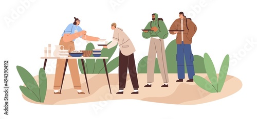 Volunteer giving food, helping poor hungry people, homeless men and refugees. Person sharing, serving meal as donation for needy outdoors. Flat vector illustration isolated on white background
