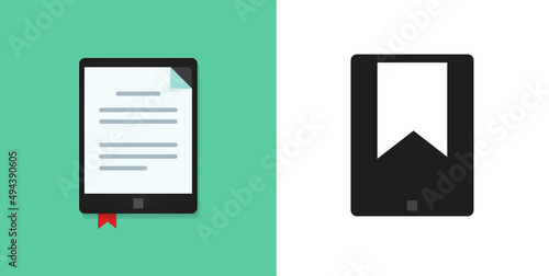 Ebook tablet device icon vector or book digital electronic device technology as ereader flat cartoon pictogram isolated on white clipart, pocket e-reader with text page symbol with bookmark front view