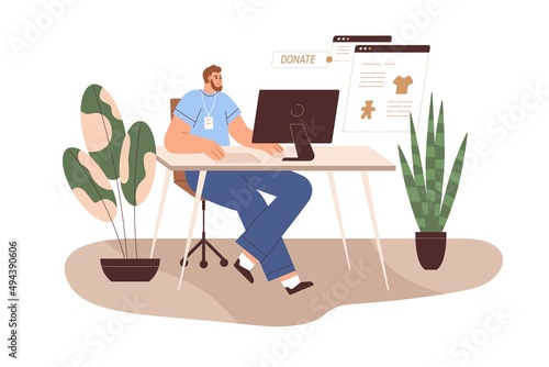Online donation, charity, contribution concept. Volunteer donating via internet. Person at computer during humanitarian help and support. Flat vector illustration isolated on white background