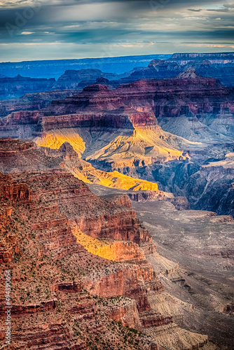 Travel Ideas. Colorful Highlighted Mountains Tops of Picturesque Grand Canyon Sight in the Early Morning in Arizona in The United States.