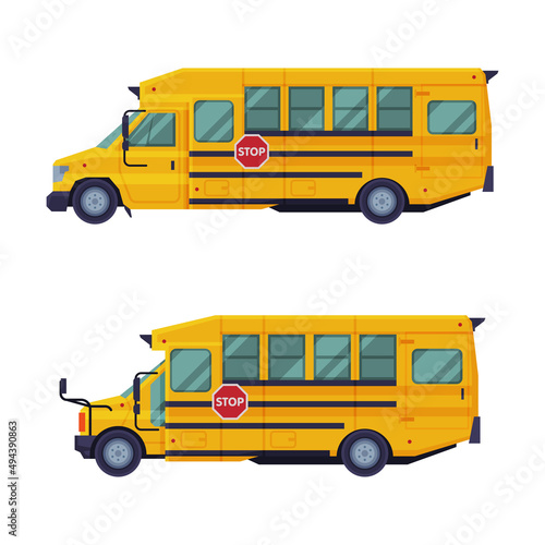 Yellow classic school bus set vector illustration on white background