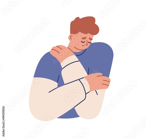 Sad unhappy person feeling lonely and depressed. Upset man in grief and sorrow, hugging himself. Guy with negative emotion of despair. Flat graphic vector illustration isolated on white background
