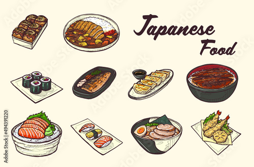 famous japanese food retro art elements suitable for decoration in menu poster or food presentation