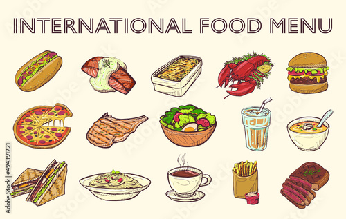 famous international food retro art elements suitable for decoration in menu poster or food presentation