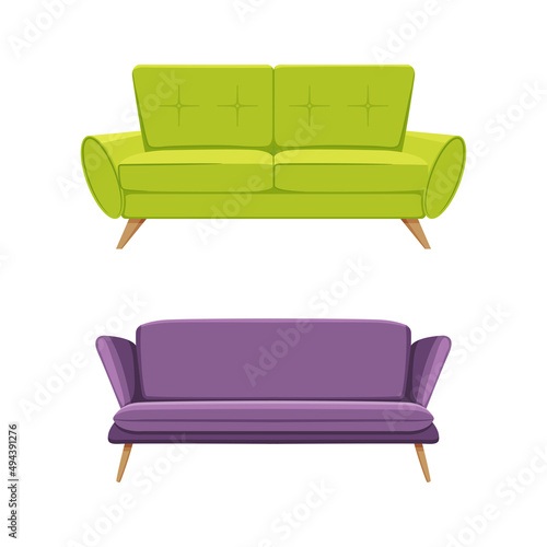 Set of comfy sofa modern furniture, interior of the apartment design element vector illustration