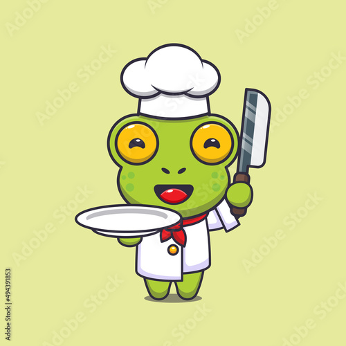 cute frog  chef mascot cartoon character with knife and plate