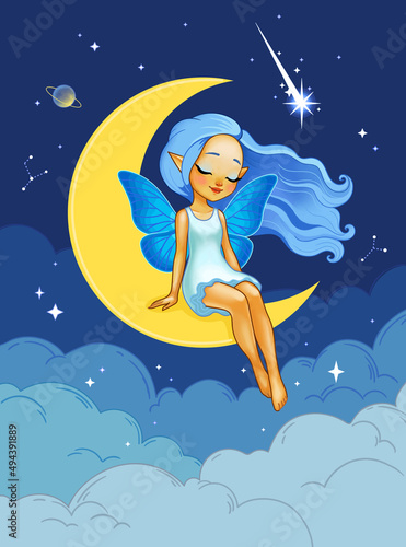 Beautiful elf girl with butterfly wings sitting on the moon. Fantasy vector illustration