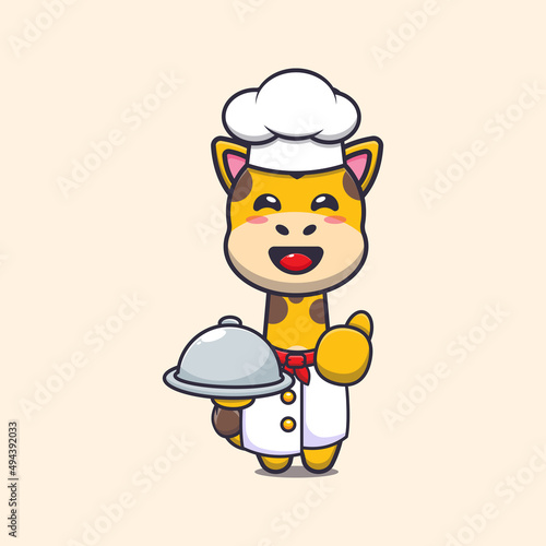 cute giraffe chef mascot cartoon character with dish