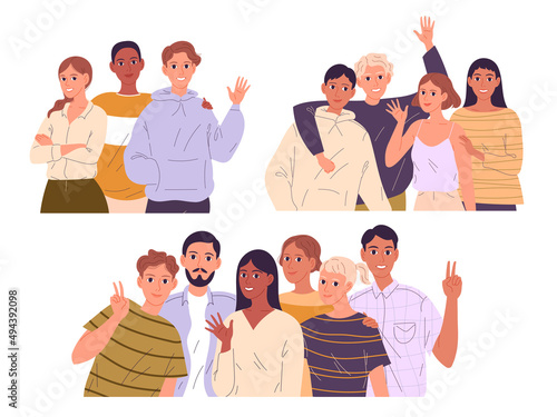 Groups of happy young people hugging, waving their arms in greeting
