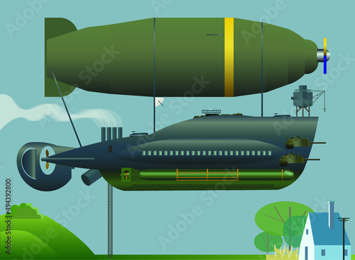 Dieselpunk or steampunk military zeppelin loating above the european village, vector illustration