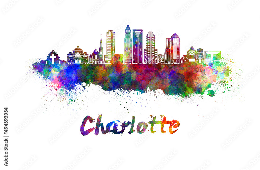 Charlotte skyline in watercolor splatters with clipping path