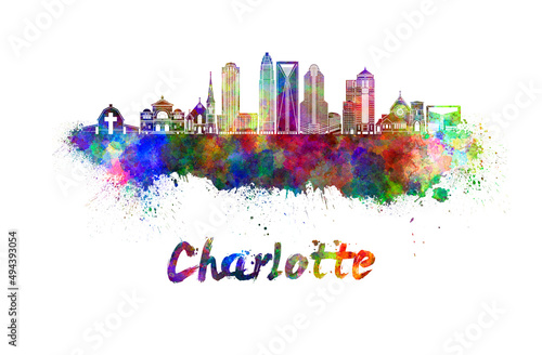 Charlotte skyline in watercolor splatters with clipping path