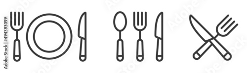 Fork ,knife, spoon, plate line icon set isolated on white background. Dinner, Food symbol vector photo