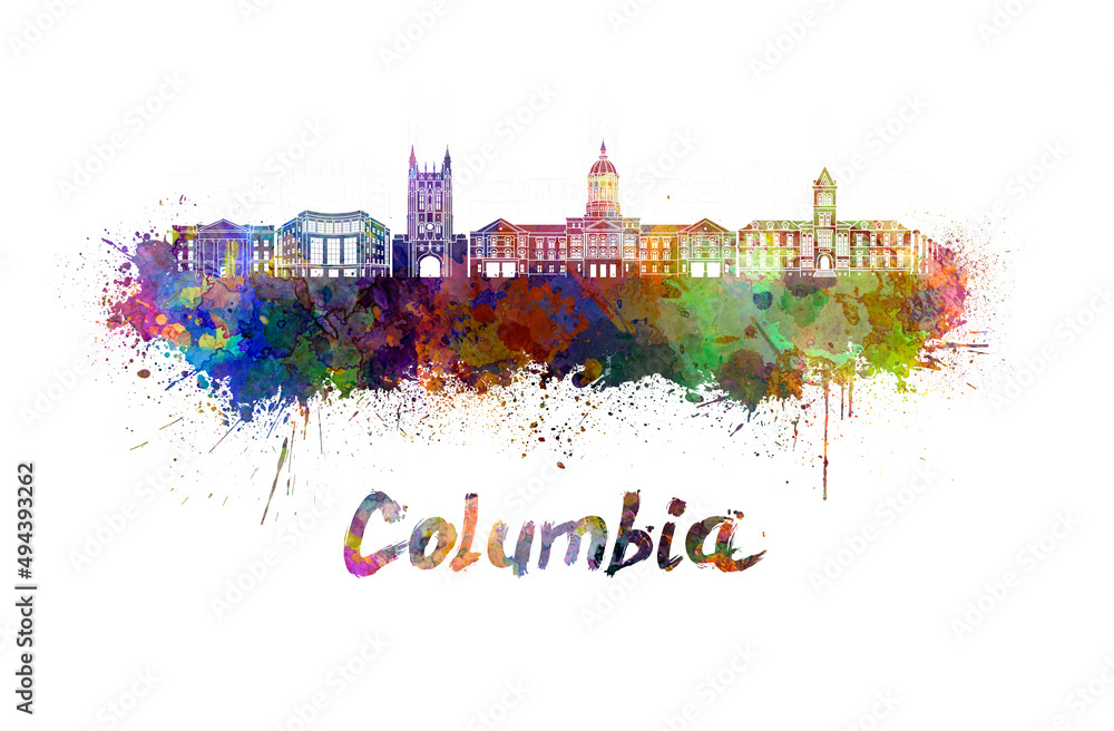 Columbia MO skyline in watercolor
