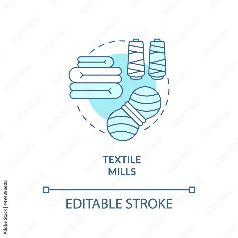 Textile mills turquoise concept icon. Distribution of yarn. Business subsector abstract idea thin line illustration. Isolated outline drawing. Editable stroke. Arial, Myriad Pro-Bold fonts used Textile mills turquoise concept icon. Distribution of yarn. Business subsector abstract idea thin line illustration. Isolated outline drawing. Editable stroke. Arial, Myriad Pro-Bold fonts used