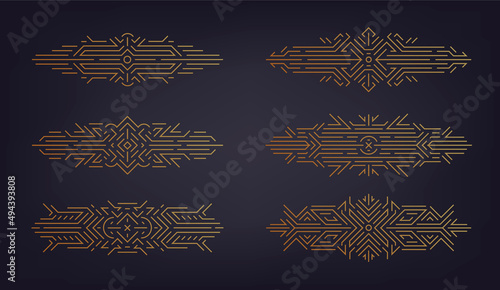 Vector set of monogram design in vintage and mono line style, abstract golden geometric shapes, luxury decor templates, dividers, banners, design elements. Art deco, sacred geometry.