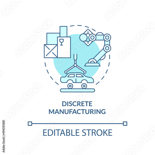 Discrete manufacturing turquoise concept icon. Types of manufacturing processes abstract idea thin line illustration. Isolated outline drawing. Editable stroke. Arial, Myriad Pro-Bold fonts used