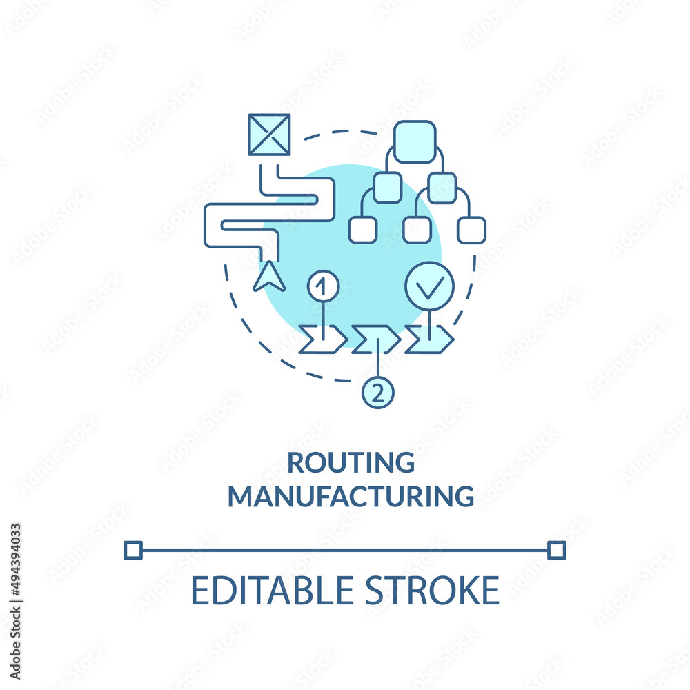 Routing manufacturing turquoise concept icon. Step by step process. Production stage abstract idea thin line illustration. Isolated outline drawing. Editable stroke. Arial, Myriad Pro-Bold fonts used Routing manufacturing turquoise concept icon. Step by step process. Production stage abstract idea thin line illustration. Isolated outline drawing. Editable stroke. Arial, Myriad Pro-Bold fonts used