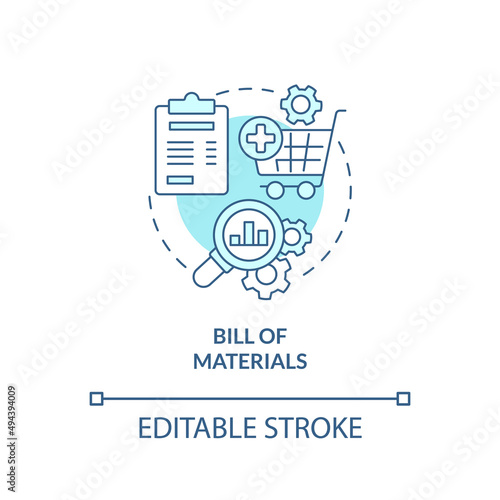 Bill of materials turquoise concept icon. Parts of product. Manufacturing stage abstract idea thin line illustration. Isolated outline drawing. Editable stroke. Arial, Myriad Pro-Bold fonts used