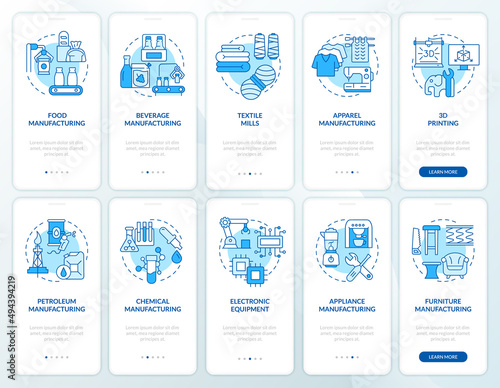 Starting manufacturing business blue onboarding mobile app screen set. Walkthrough 5 steps graphic instructions pages with linear concepts. UI, UX, GUI template. Myriad Pro-Bold, Regular fonts used