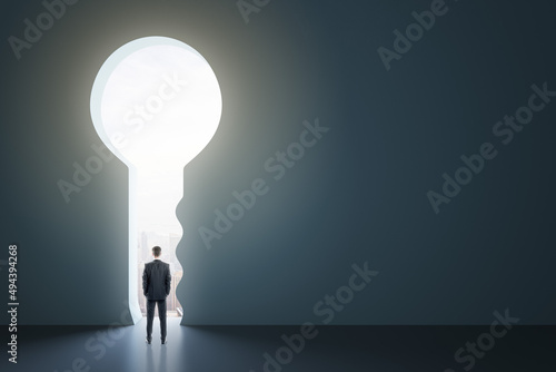 Back view of man standing in abstract key opening in wall with bright light and mock up place. Solution and decision concept. photo