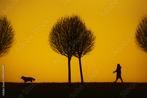 black silhouette on colorful background of setting sun figure and dog