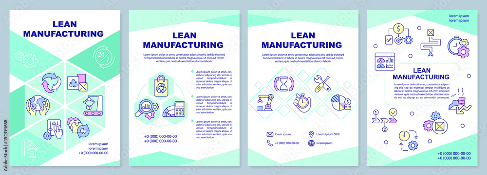 Lean manufacturing brochure template. Production process. Leaflet design with linear icons. 4 vector layouts for presentation, annual reports. Arial-Black, Myriad Pro-Regular fonts used