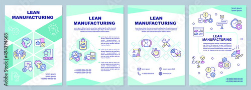 Lean manufacturing brochure template. Production process. Leaflet design with linear icons. 4 vector layouts for presentation, annual reports. Arial-Black, Myriad Pro-Regular fonts used