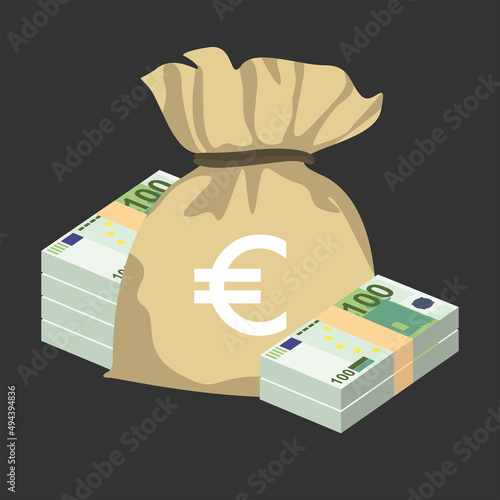Euro Vector Illustration. Europe money set bundle banknotes. Money bag 100 EUR. Flat style. Isolated on white background. Simple minimal design.