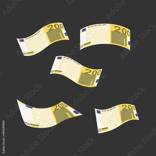 Euro Vector Illustration. Europe money set bundle banknotes. Falling, flying money 200 EUR. Flat style. Isolated on white background. Simple minimal design.