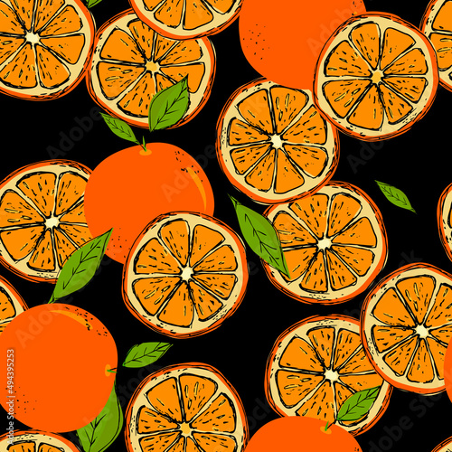 Colorful seamless pattern of hand drawn oranges and green leaves on black background. Perfect for textile manufacturing wallpaper posters and web
