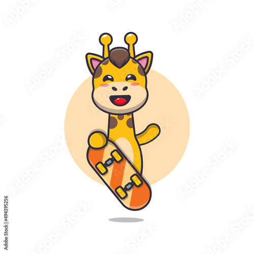 cute giraffe mascot cartoon character with skateboard