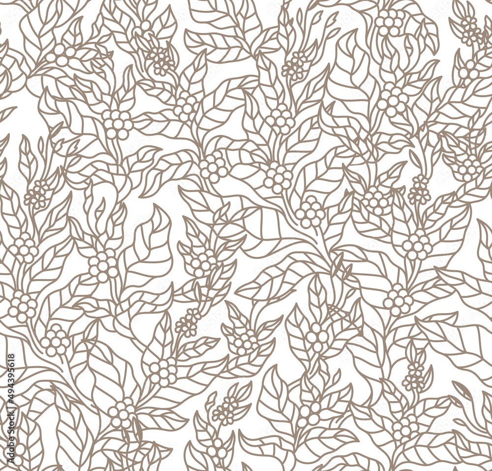 pattern seamless of coffee tree branches with flowers, leaves and beans. Botany drawing, Line art design.