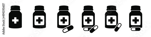 Medicine bottle and pills icon. Black and white icon. Vector illustration