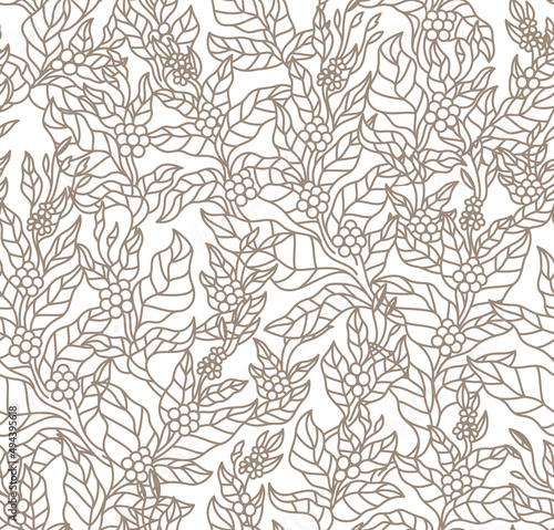 pattern seamless of coffee tree branches with flowers, leaves and beans. Botany drawing, Line art design.