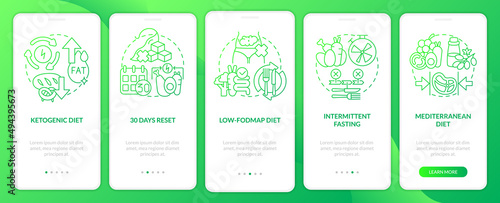 Trendy diets green gradient onboarding mobile app screen. Nutrition walkthrough 5 steps graphic instructions pages with linear concepts. UI, UX, GUI template. Myriad Pro-Bold, Regular fonts used