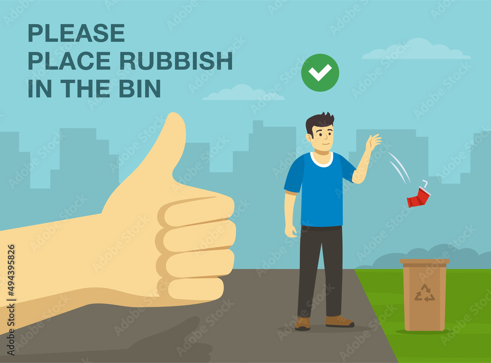 Good behavior. Young male character throwing a used plastic cup into recycling bin. Close-up view of a thumb up. Flat vector illustration template.